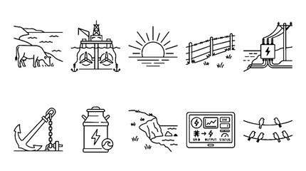 Fototapeta premium Set of hand drawn icons representing renewable energy marine industry and coastal agriculture concepts.
