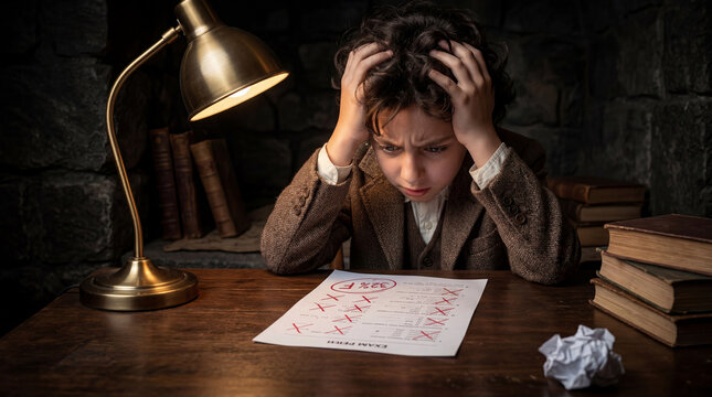 Frustrated Young Boy Looking at Failed Exam Paper with Red X Marks at Wooden Desk