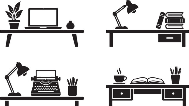 Set of office desk icons with laptop typewriter books and lamps in flat black vector style