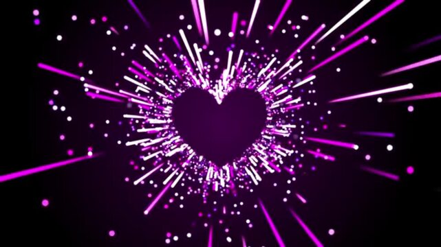 Purple heart shaped particle bursts on black background