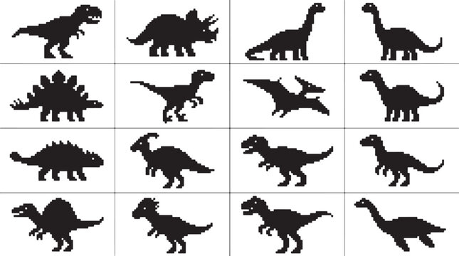 Set of pixel art dinosaur silhouettes featuring various prehistoric species in a grid layout vector illustration