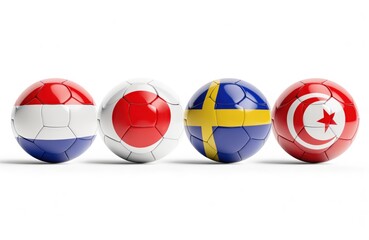 Naklejka premium Soccer Balls with Flags of Netherlands Japan Sweden and Tunisia Isolated on White Background for International Tournament