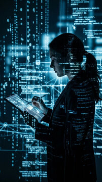 A woman interacts with a tablet displaying code, surrounded by digital information, symbolizing digital exploration, innovation, and information processing.