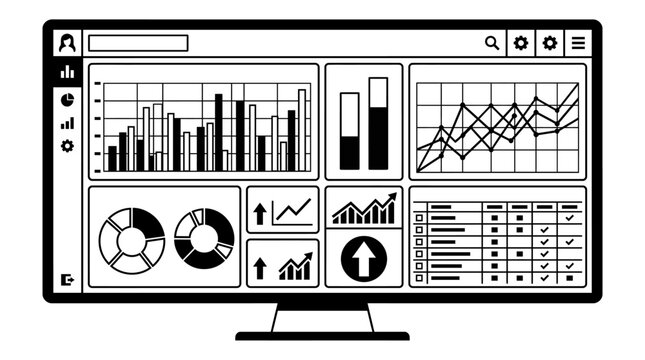 Business dashboard on computer monitor with charts and data