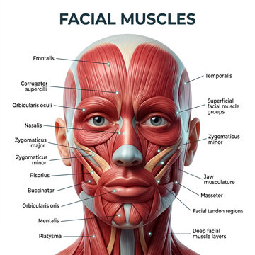 Detailed anatomical illustration showing human facial muscles with clear labels for educational purposes on a bright white studio background setting