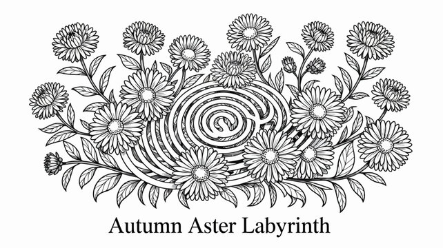 Floral ornament with aster like blooms and a spiral center black and white illustration aster daisy like flower blossom botanical