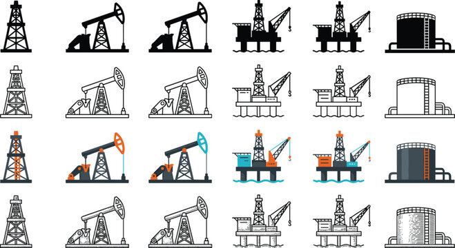 Oil and Gas Industry Icon Set with Pumpjacks Drilling Derricks Offshore Rigs and Storage Tanks in Glyph Outline Color and Sketch Style