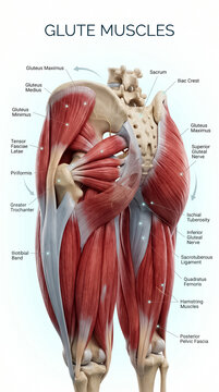 Detailed anatomical illustration showing human gluteal muscles with clear labels identifying specific muscle groups and surrounding skeletal pelvic bone structures