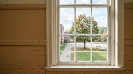 Fototapeta premium View Through Classic Window Showing Green Tree and Street Scene.