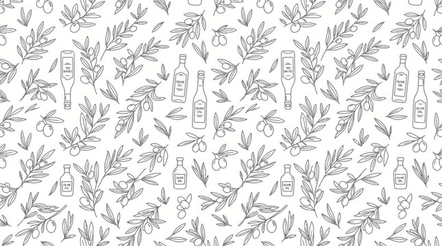 Seamless olive branch and oil bottle hand drawn pattern