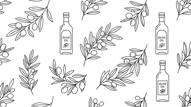 Seamless pattern with olive oil bottles and olive tree branches