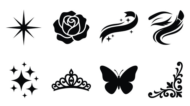 Set of eight black decorative featuring star, rose, ribbon, beauty, crown, butterfly, and ornate corner piece