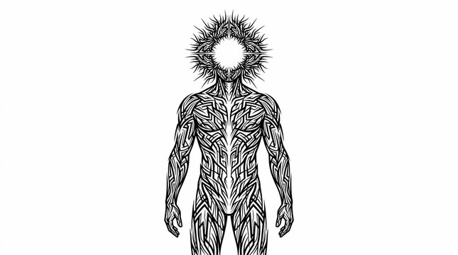 Tribal humanoid entity with radiant sun head, black line art on white.