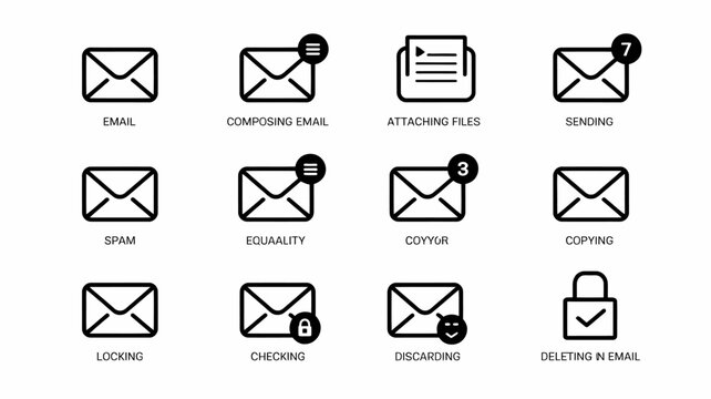 Email Icons Collection Flat Black Pictograms Representing Various Email Actions On White Background mail message correspondence inbox outgoing