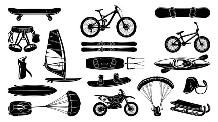 Naklejka premium Black White Glyph Icons Set of Extreme and Outdoor Sports Equipment, Gear for Adventure and Recreation