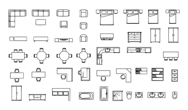 Architectural Furniture Top View CAD Drawing Icons Vector Set for Floor Plan Layout Design
