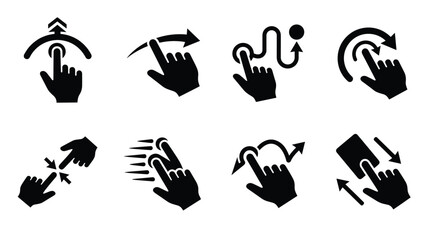 Fototapeta premium Set of eight black touchscreen gesture featuring swipe, pinch, drag, and tap actions for mobile user interface