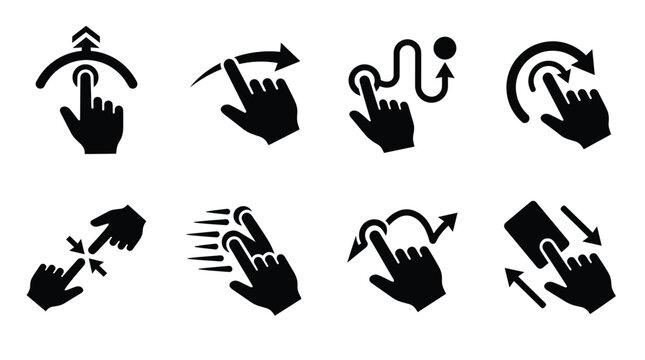 Set of eight black touchscreen gesture featuring swipe, pinch, drag, and tap actions for mobile user interface