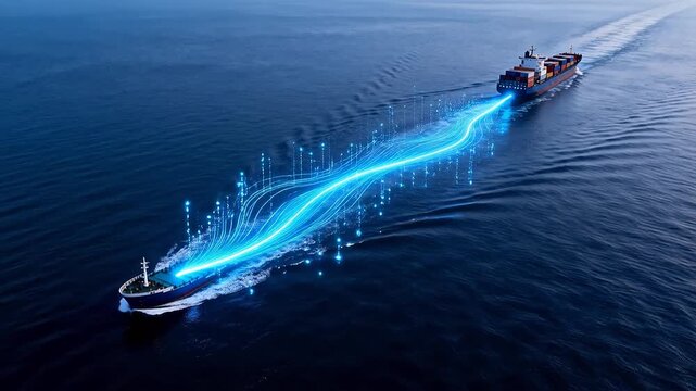 Two ships on ocean connected by blue digital data streams and network nodes showing maritime technology