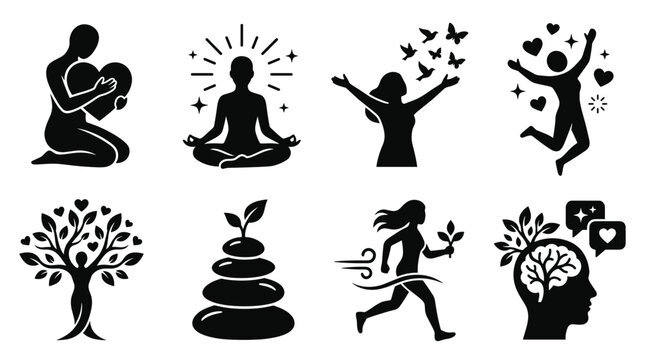 Set of eight black wellness and mindfulness featuring meditation, yoga, nature, mind, and heart symbols