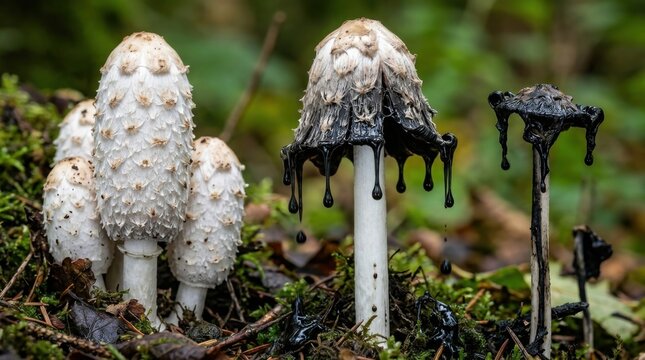 Ink Cap Shaggy Mane Mushroom Dripping Black Forest Nature Close Up Photo