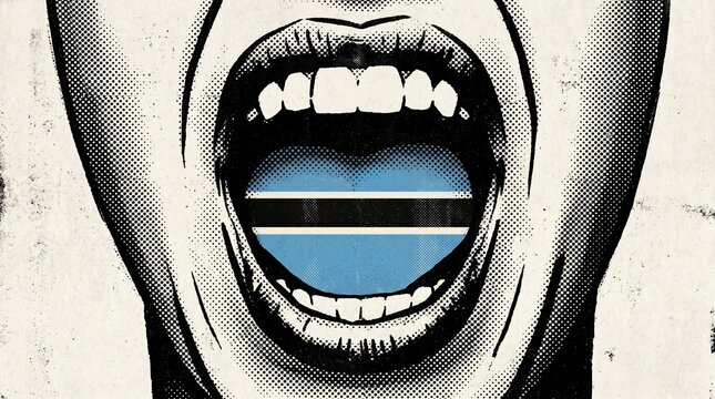 Graphic illustration of an open mouth screaming with a heart-shaped Botswana flag as the tongue, depicting national pride and expression.