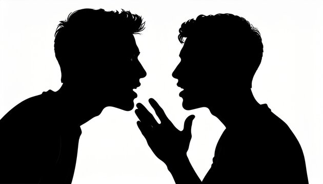 内緒話や噂話をする二人の男性のシルエット素材