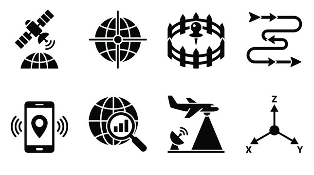 Set of eight navigation and geospatial featuring satellites, globes, mapping routes, and coordinate systems