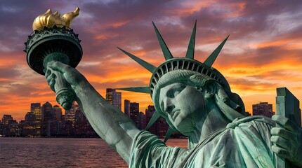 Fototapeta premium Iconic Statue of Liberty with Fiery Sunset Over New York City Skyline