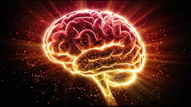 Radiant orange brain glowing with bright light rays.