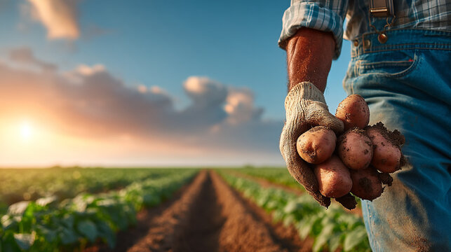 Farmer holding freshly harvested potatoes in field during sunny golden sunset