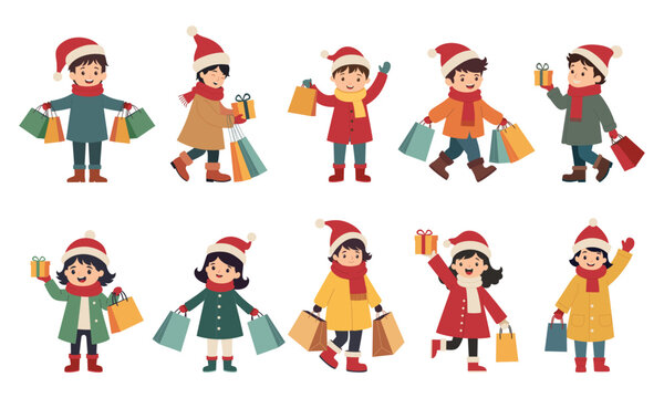 Boys and girls are shopping in the Christmas season vector illustration set