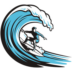 Fototapeta premium Surfer riding a big blue ocean wave in a dynamic action pose with surfboard