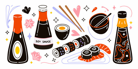 Soy Sauce Bottles Sushi And Chopsticks Vector Illustration With Decorative Elements © krishna