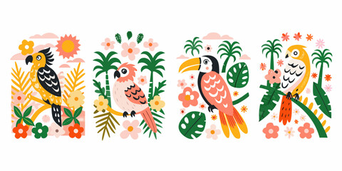 Tropical Birds And Foliage Colorful Vector Illustrations On White Background © krishna