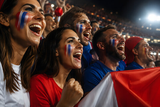 Ultra realistic professional stock photo, close-up of excited football fans in stadium tribune at night cheerful and emotional expres