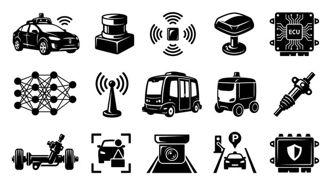 Autonomous Driving, AI, Robotics, Automotive Tech Black  White Vector Glyph Icons