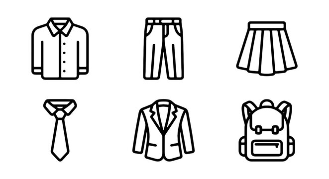 School Uniform Icons: Shirt, Tie, Blazer, Skirt, Pants, Backpack Vector Set