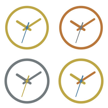 Four Minimalist Round Wall Clocks With Different Colors In A Grid Pattern On White Background