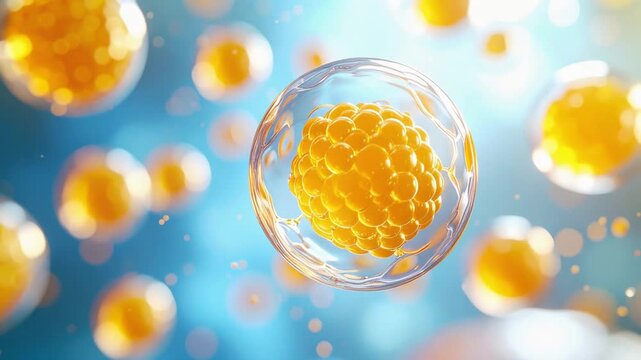 青背景に浮遊する黄金色のリポソーム美容成分カプセルのループ動画、先端科学スキンケア素材 / Golden liposomal beauty ingredient capsule floating on blue background, advanced skincare science seamless loop animation