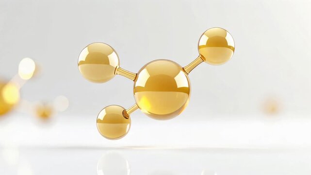 白背景に浮遊する黄金色の美容成分分子ループ動画、ビタミンCと先端科学を表現した高級スキンケア素材 / Golden beauty ingredient molecule floating on white background seamless loop, luxury skincare science animation inspired by vitamin C