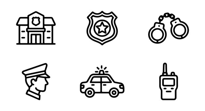 Police Icons Set: Station, Badge, Handcuffs, Officer, Car, Radio. Law Enforcement Vector Graphics