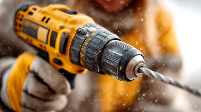 Handheld yellow power drill being used for construction or home improvement project