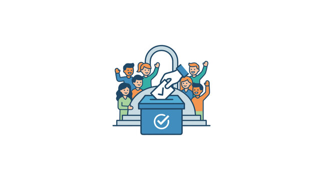 Voting concept: diverse crowd casts ballot in election, voting box and checkmark icon