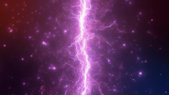 3D cinematic slow motion video of a vertical lightning column forming from swirling charged particles, illuminated by bold lighting on a luminous pastel backdrop