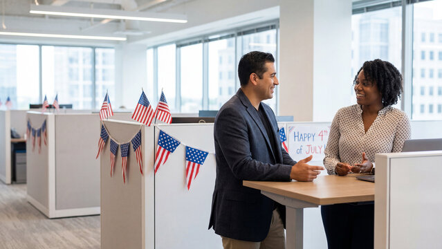 Independence Day office conversation with diverse business professionals in modern workplace with American flag elements for corporate holiday marketing and communication content