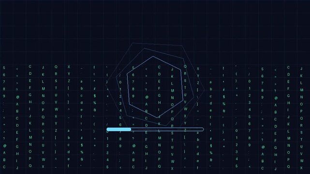 Digital data loading animation with hexagonal hud interface and matrix code animation background