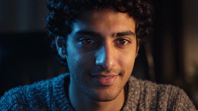 A young Middle Eastern man with curly dark hair gazes directly at the camera in low dramatic lighting, conveying quiet confidence and deep introspection in a moody indoor setting.