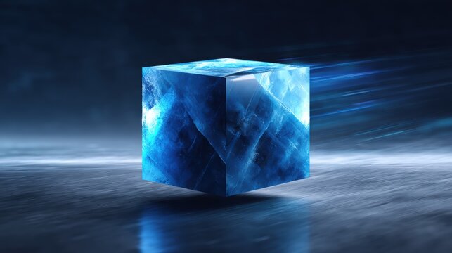 A glowing blue ice cube floats on a dark, reflective surface with light streaks a futuristic, mysterious atmosphere, gadgets on abstract background
