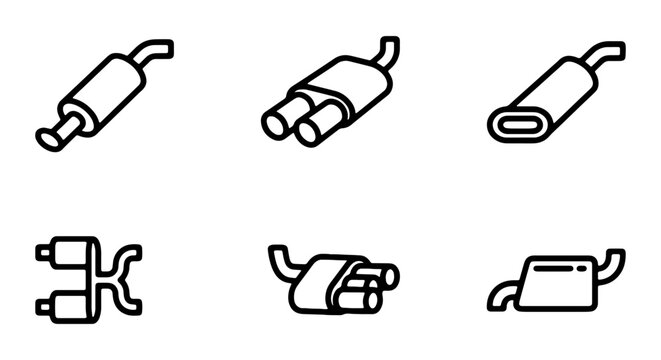 Car Exhaust System Icons, Automotive Muffler Vector Set, Vehicle Parts Collection